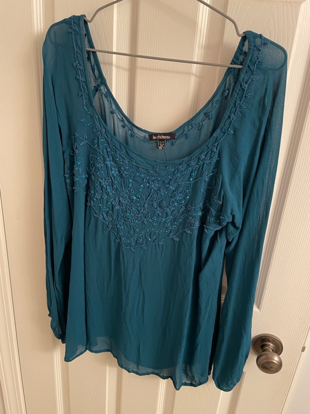 le chateau Teal Embroidered Long-Sleeve Tunic Top